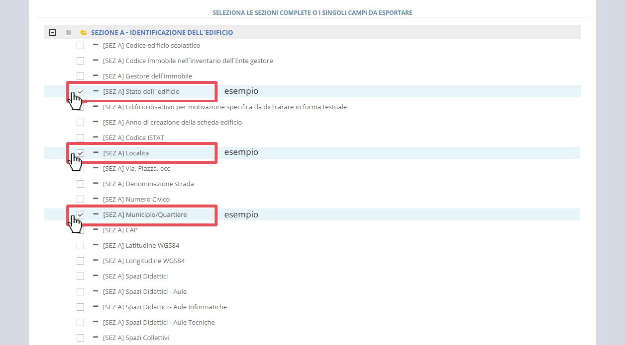 immagine pagina esportazioni, alberatura sezioni, iucona +, selezione di alcune sottosezioni